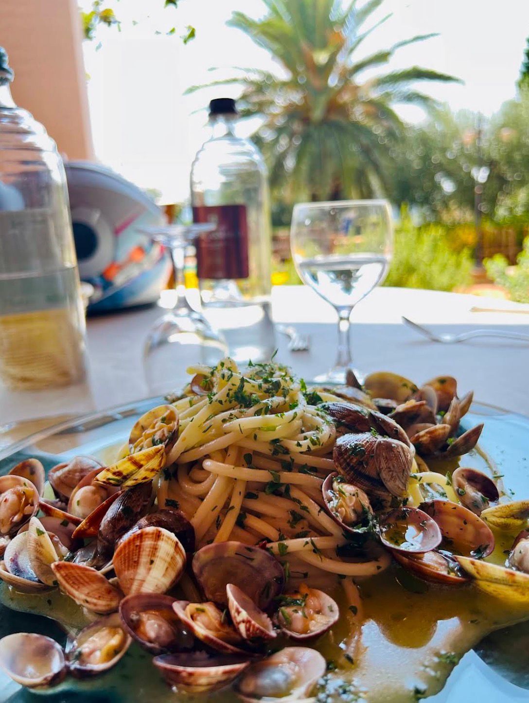 Spaghetti alle vongole serviti in terrazza con vista sul giardino